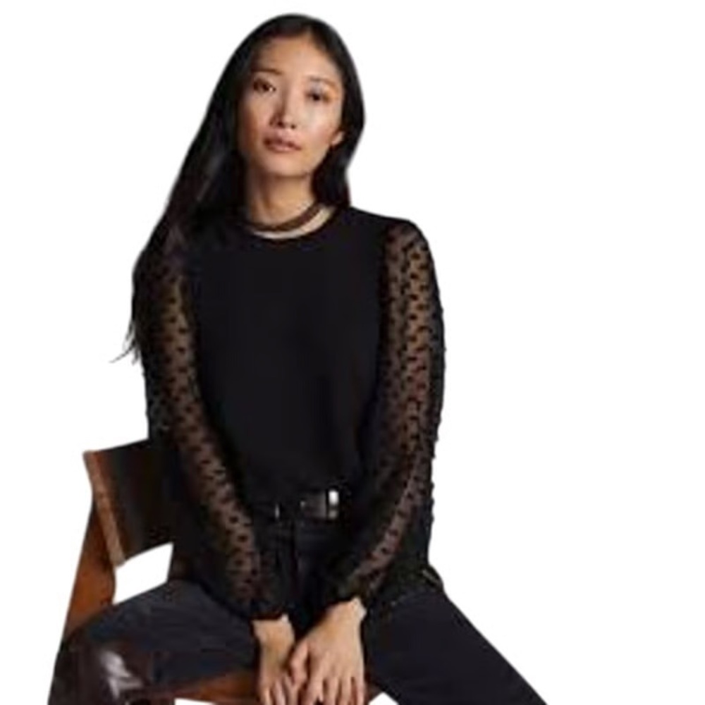 Maeve Anthropologie‎ Black Balloon Sleeve Textured Crop Top Size L Romantic Chic
